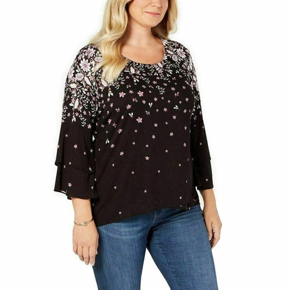 New Style & Co Plus Floral Tiered-Sleeve Blouse